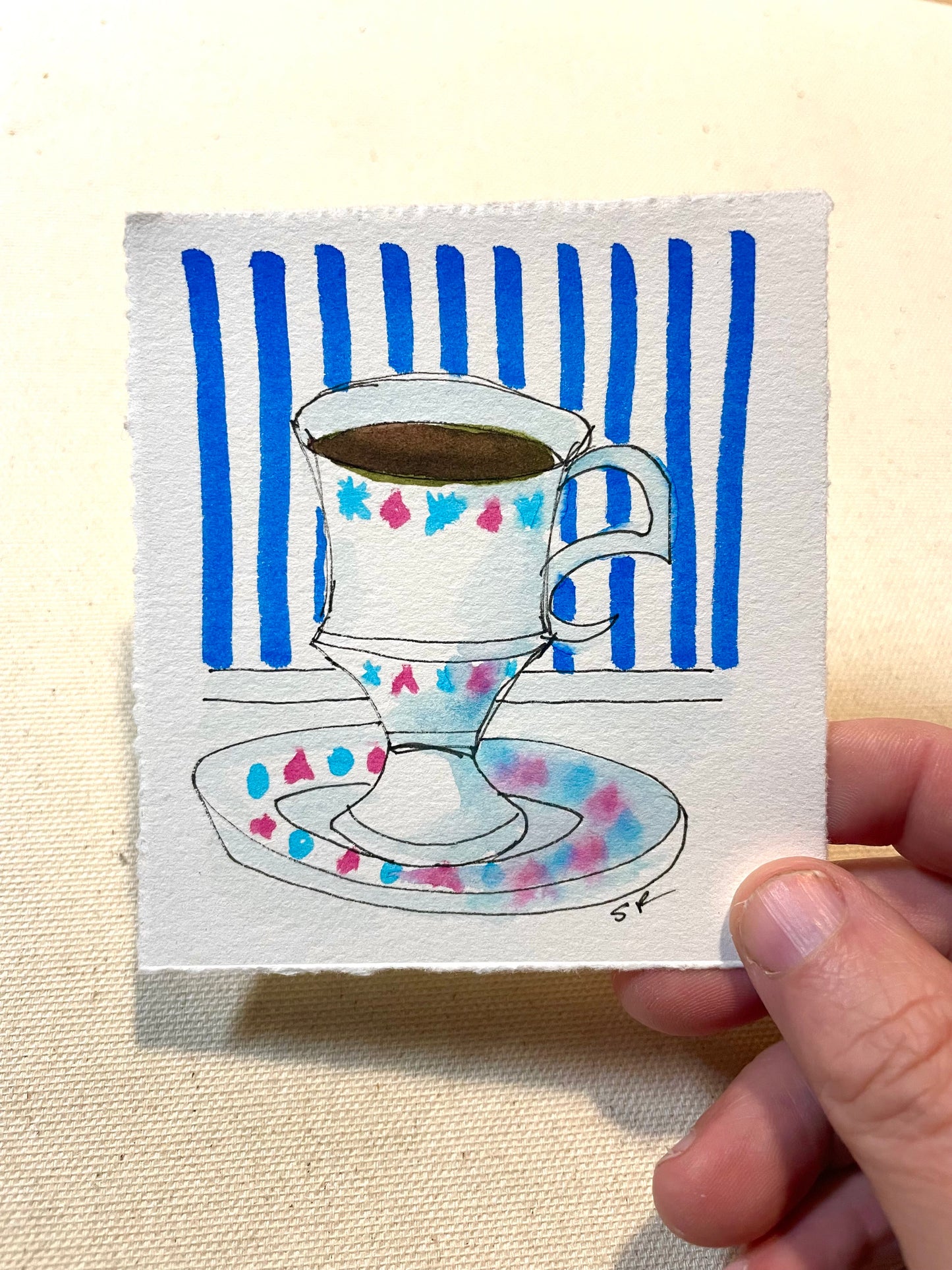 Retro Tea Cup, Original work of Art - Watercolor and Ink