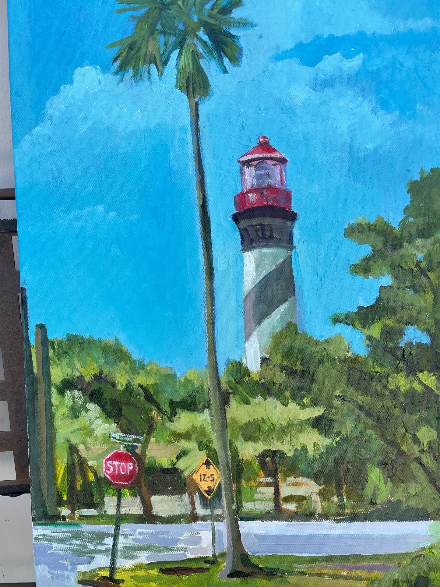 Beacon on Anastasia, Acrylic and Gouache on Canvas, Original Oil Painting