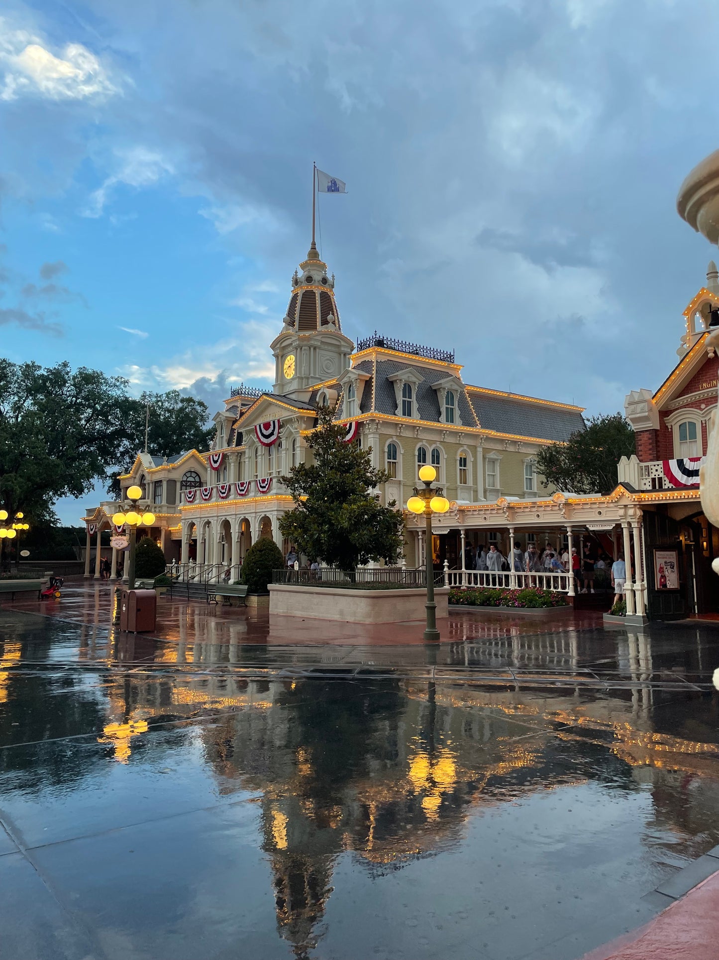 Rainy Dusk City Hall Print, Magic Kingdom Watercolor Art (5x7 Archival)
