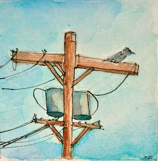 Bird on a Wire Original Watercolor Art 3x3 inches
