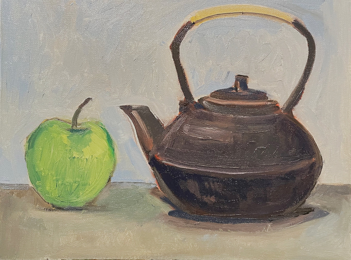 Green Apple and Japanese Teapot, Oil on canvas panel, 9x12 inches original painting