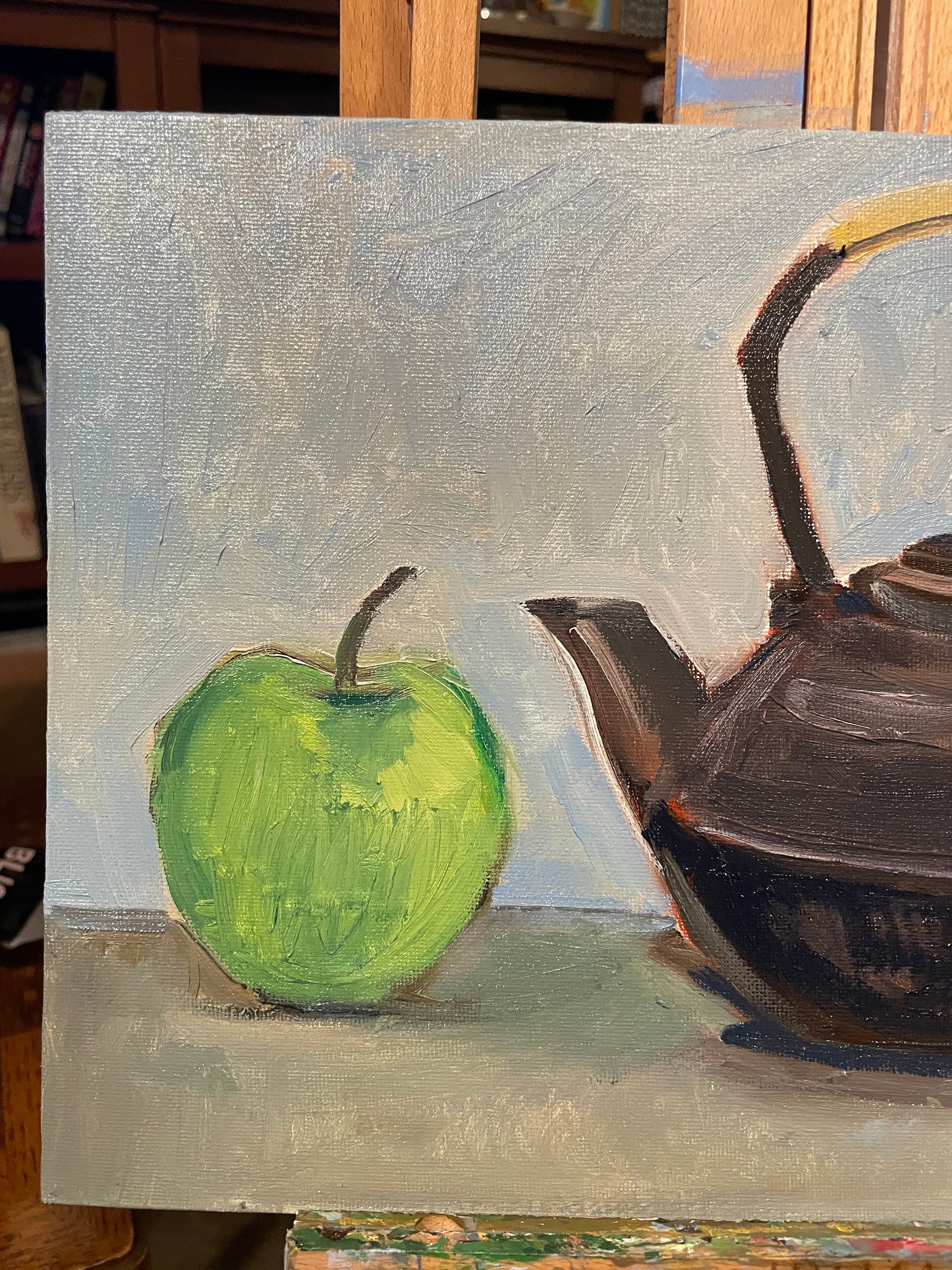 Green Apple and Japanese Teapot, Oil on canvas panel, 9x12 inches original painting