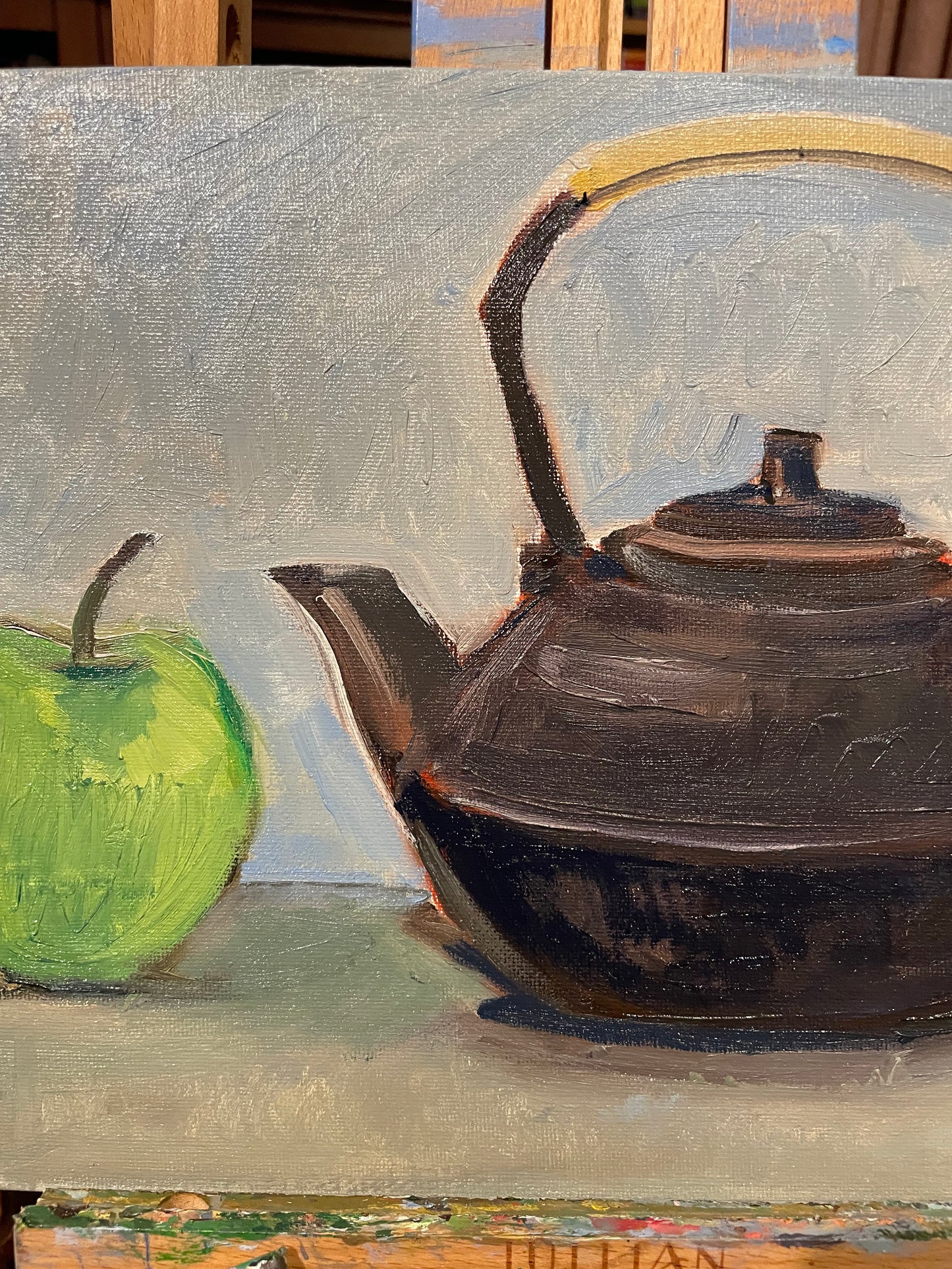 Green Apple and Japanese Teapot, Oil on canvas panel, 9x12 inches original painting