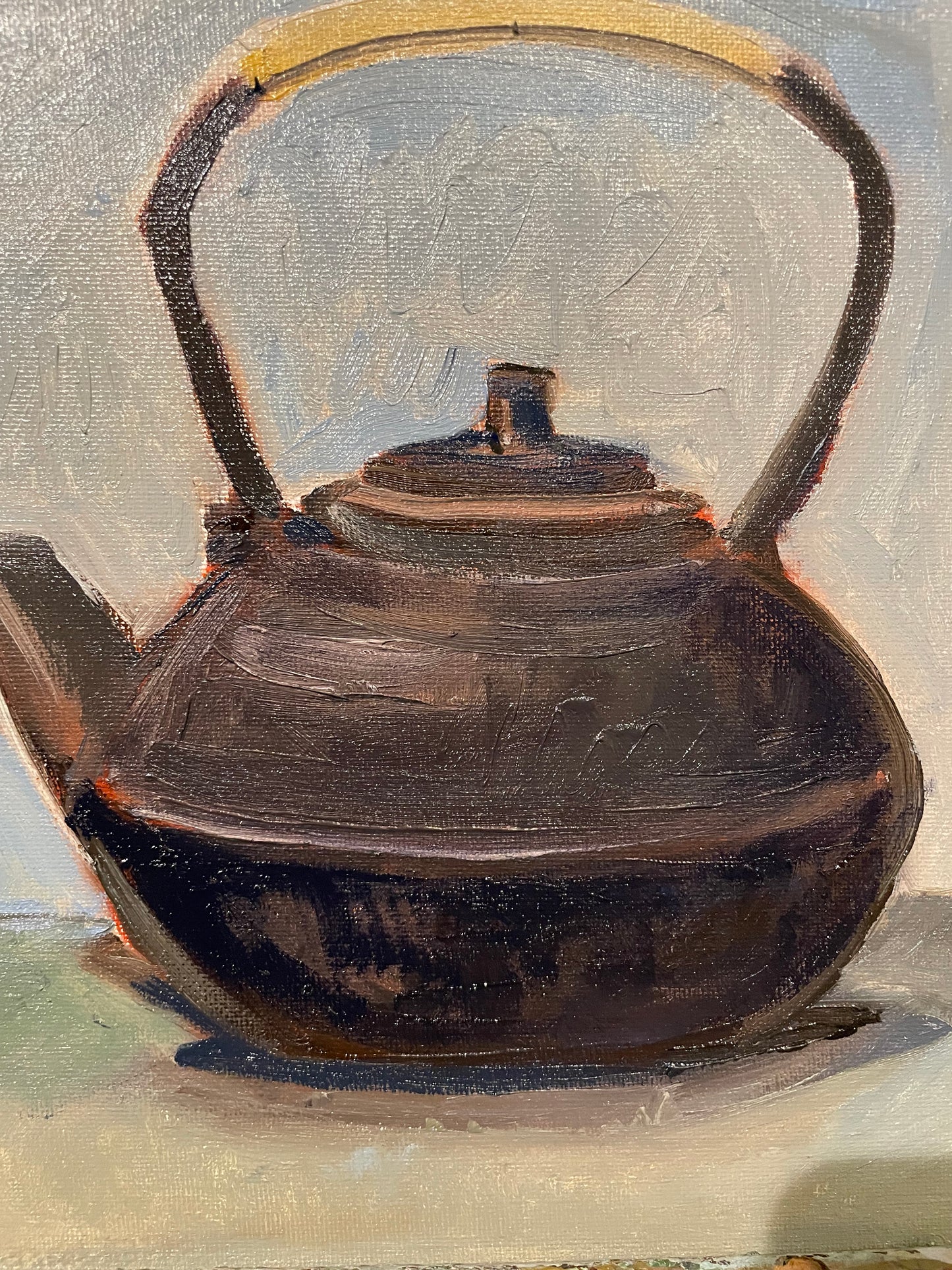 Green Apple and Japanese Teapot, Oil on canvas panel, 9x12 inches original painting