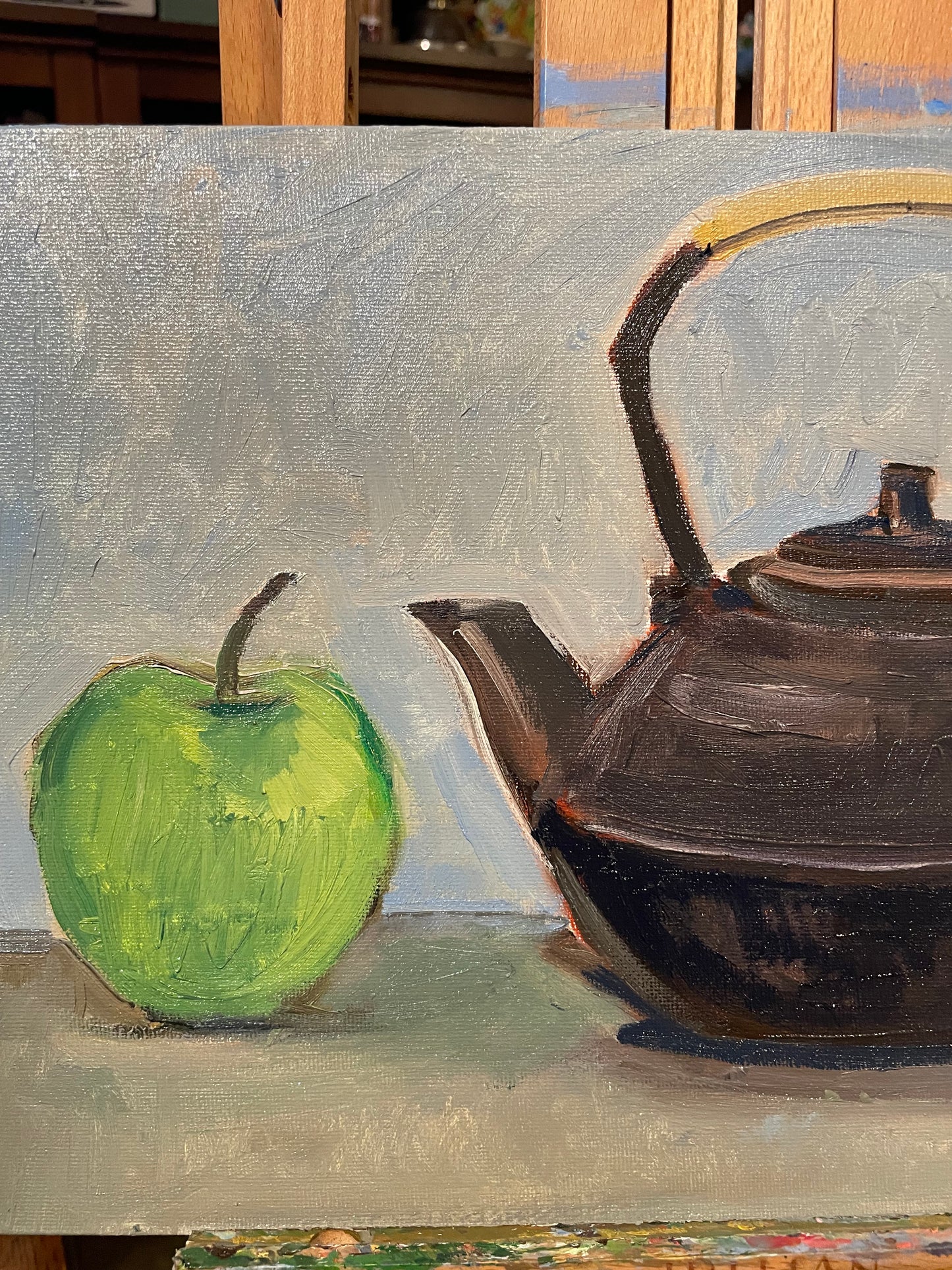 Green Apple and Japanese Teapot, Oil on canvas panel, 9x12 inches original painting