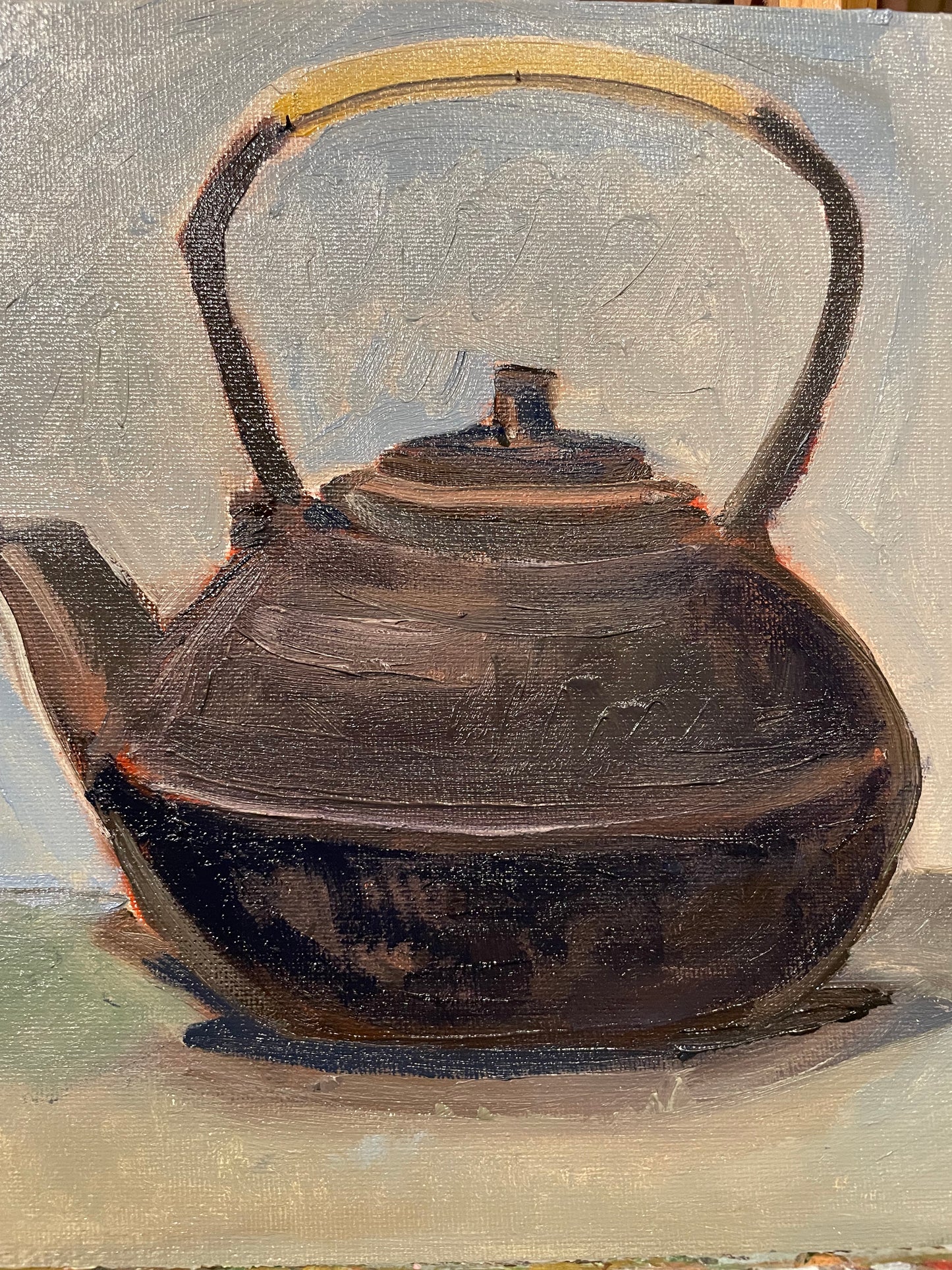 Green Apple and Japanese Teapot, Oil on canvas panel, 9x12 inches original painting
