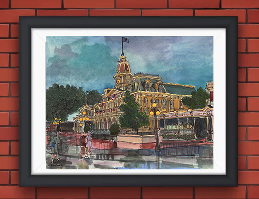 Rainy Dusk City Hall Print, Magic Kingdom Watercolor Art (5x7 Archival)