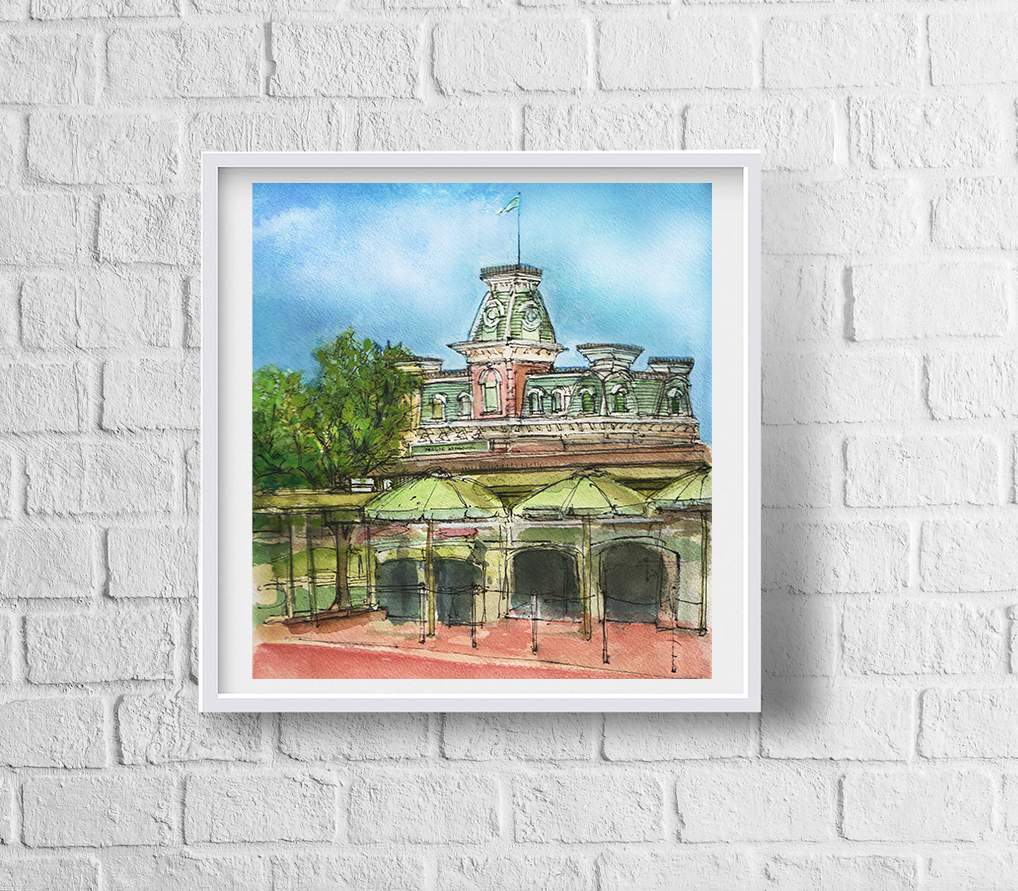 Magic Kingdom Train Station Plein Air Watercolor Digital Print, Edition of 100