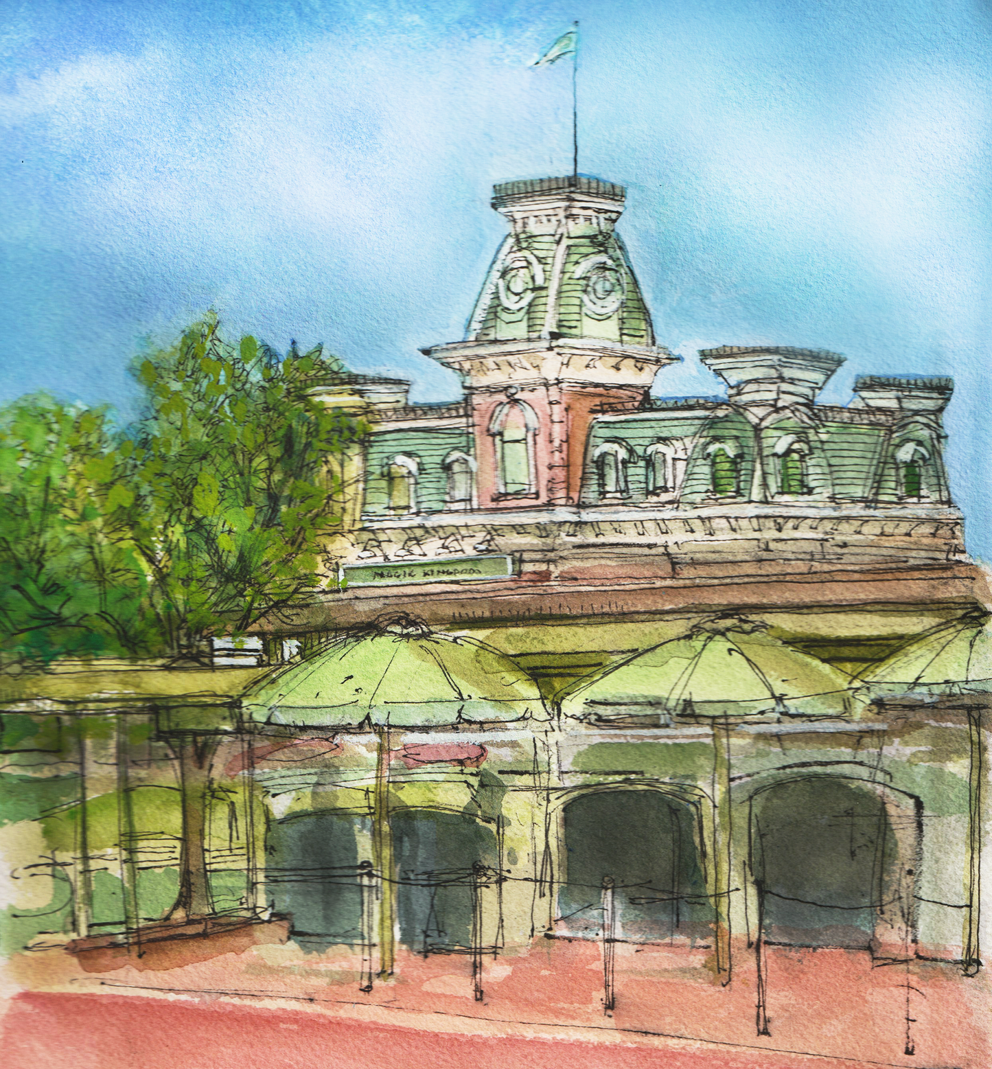 Magic Kingdom Train Station Plein Air Watercolor Digital Print, Edition of 100