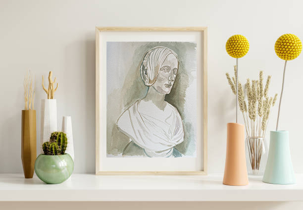 Mary Shelley – Watercolor Bust Portrait Drawing from The Met - Original work of art