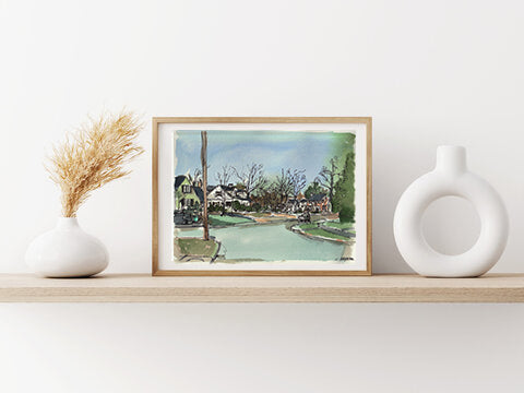 Neighborhood Dusk, Ink and Watercolor on Paper, Original Work of Art