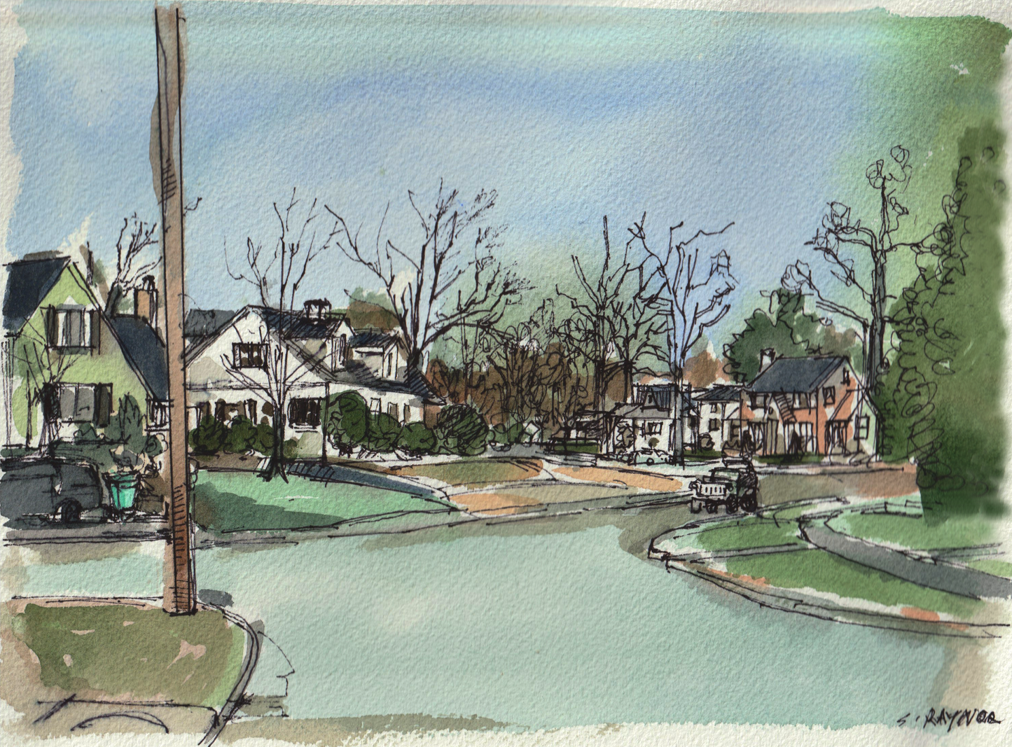 Neighborhood Dusk, Ink and Watercolor on Paper, Original Work of Art