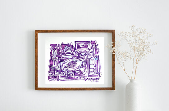 Playful Purple Abstract Still Life | 5x7 Ink & Wash Drawing of Studio Objects | Original Artwork