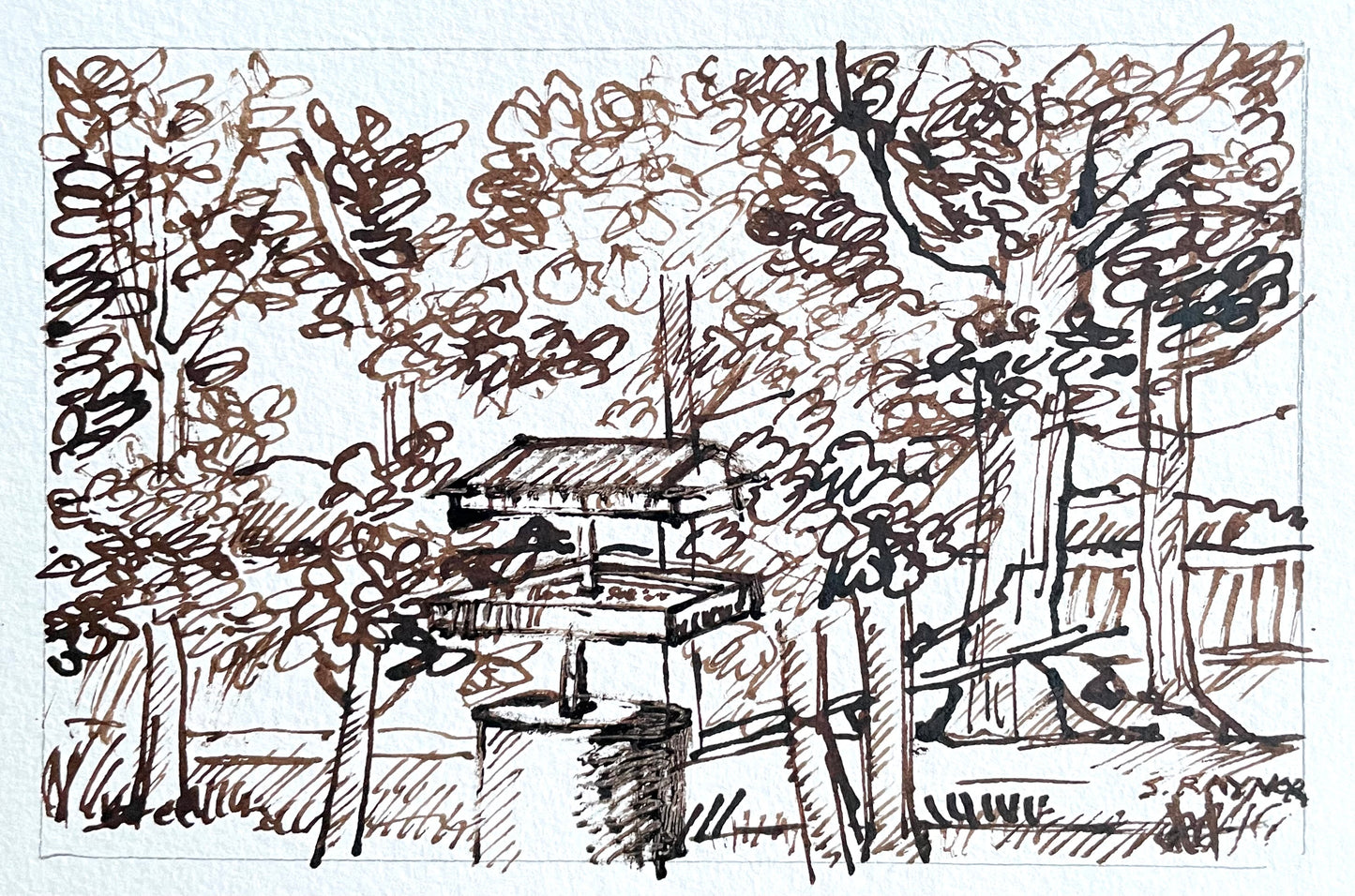 Feeding the Birds – 3.5x5 Walnut Ink Drawing in Da Vinci Notebook Style on Watercolor Paper
