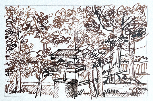 Feeding the Birds – 3.5x5 Walnut Ink Drawing in Da Vinci Notebook Style on Watercolor Paper
