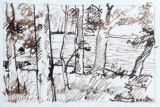 Late Summer Trees by the Water – Original 3.5x5 Walnut Ink Drawing on Watercolor Paper