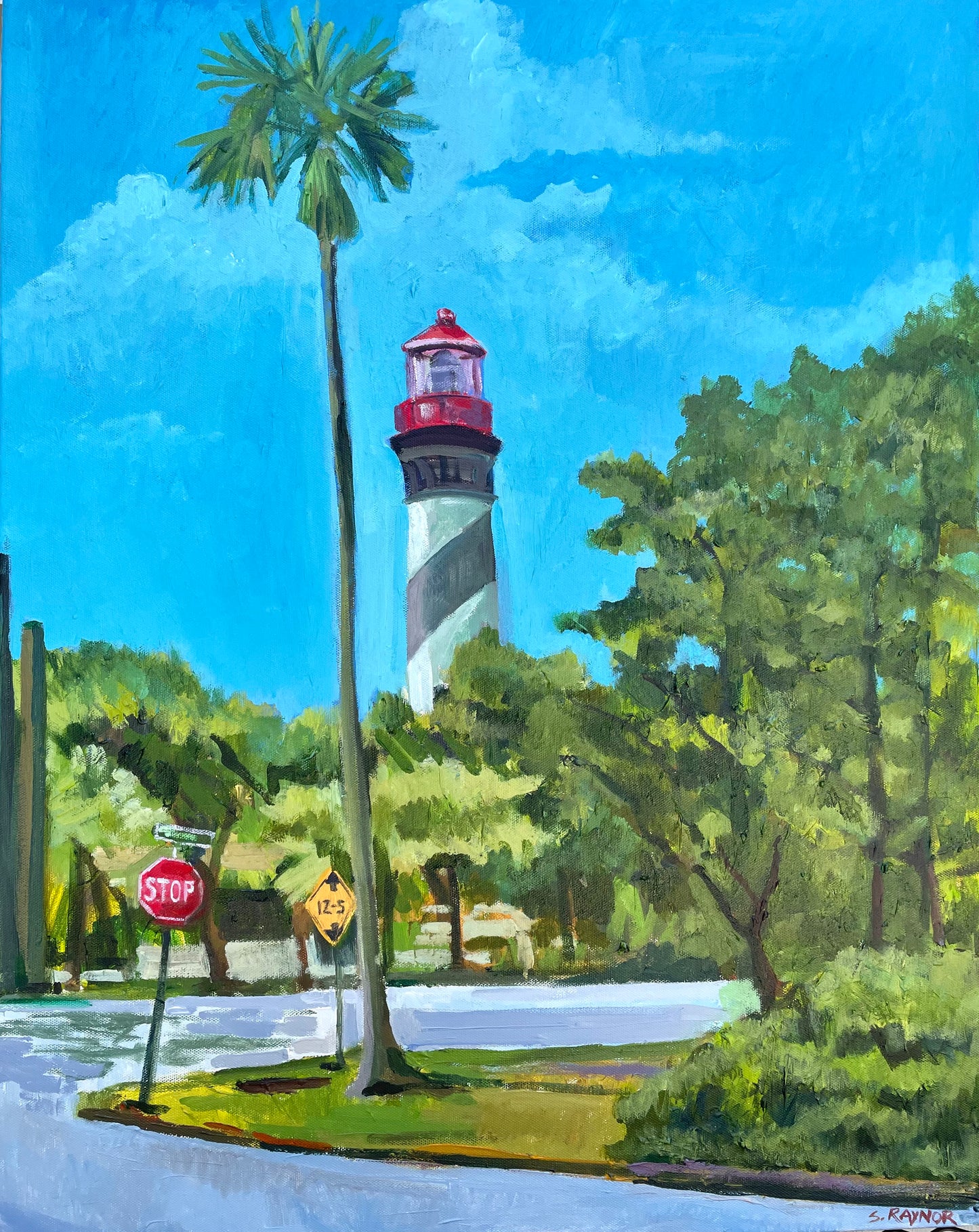 Beacon on Anastasia, Acrylic and Gouache on Canvas, Original Oil Painting