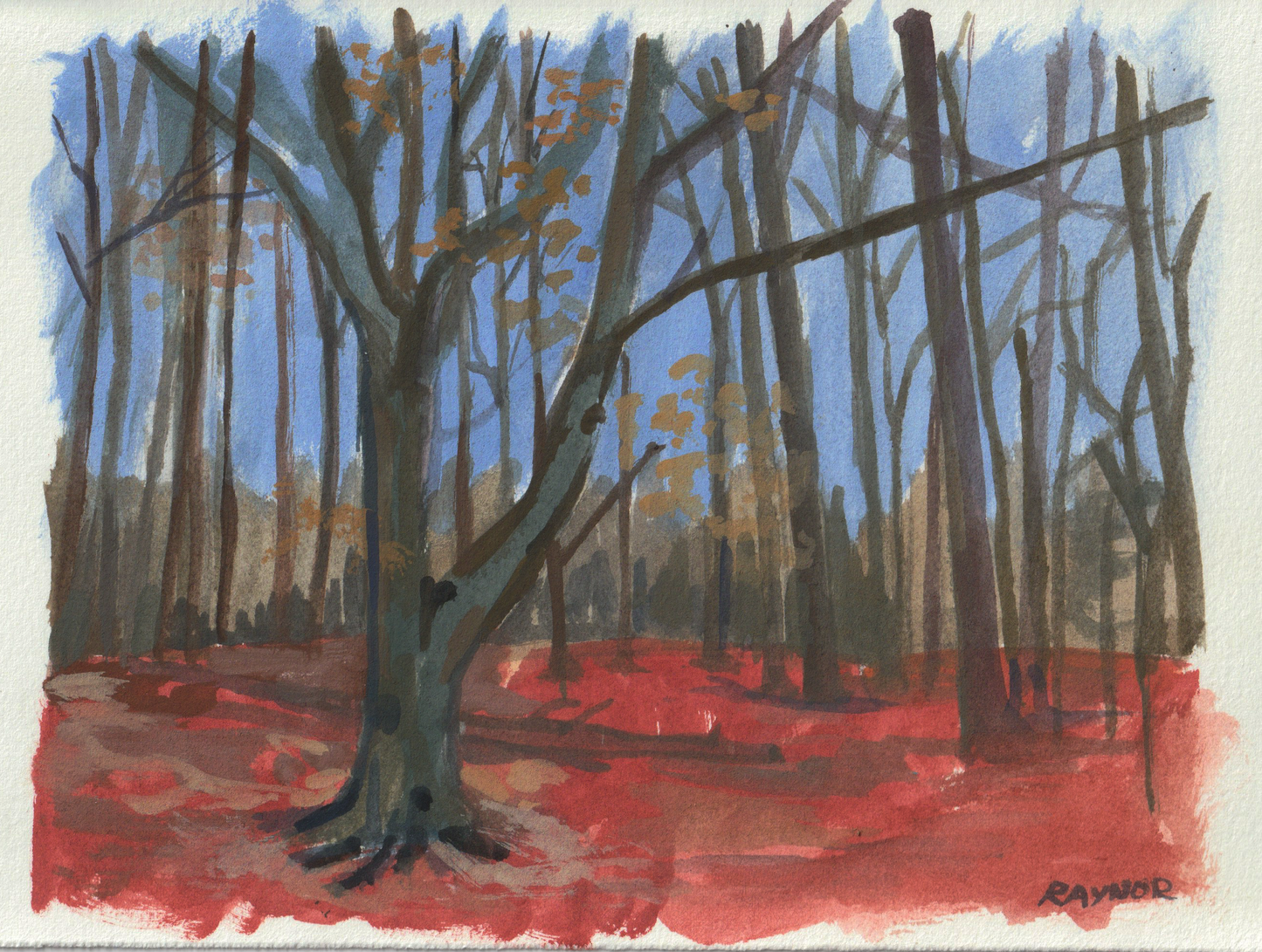 Red Wood, Original Casein Painting, Signed Artist