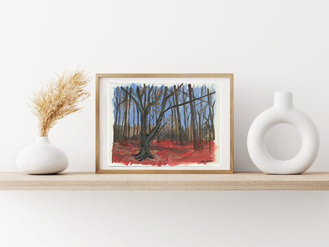 Red Wood, Original Casein Painting, Signed Artist