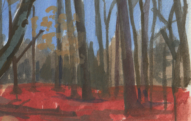 Red Wood, Original Casein Painting, Signed Artist