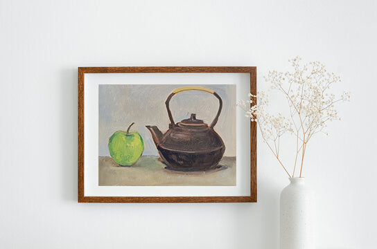 Green Apple and Japanese Teapot, Oil on canvas panel, 9x12 inches original painting