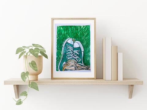Green Converse with Flower, Digital Print on Linen Paper 5x7